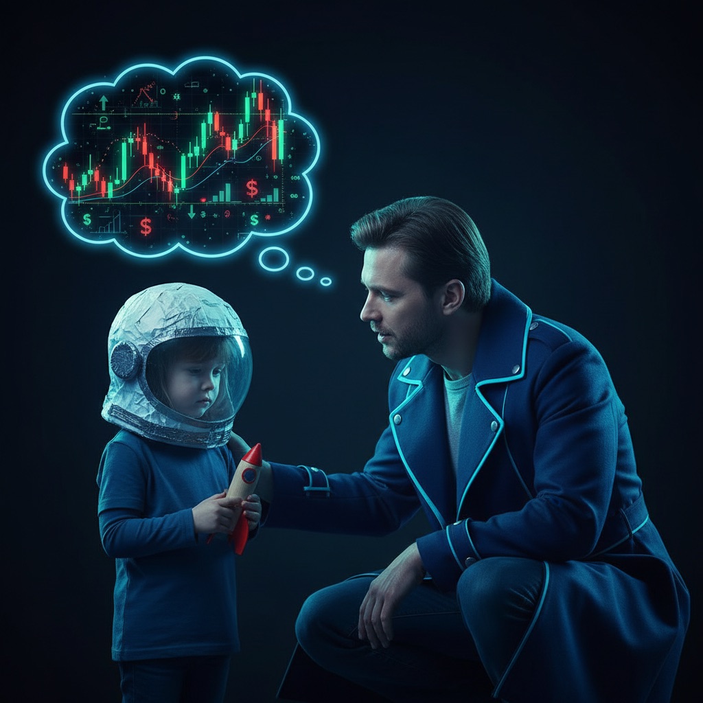 An adult asks a child what they want to be; the child, in a paper astronaut helmet, imagines stock charts and dollar signs