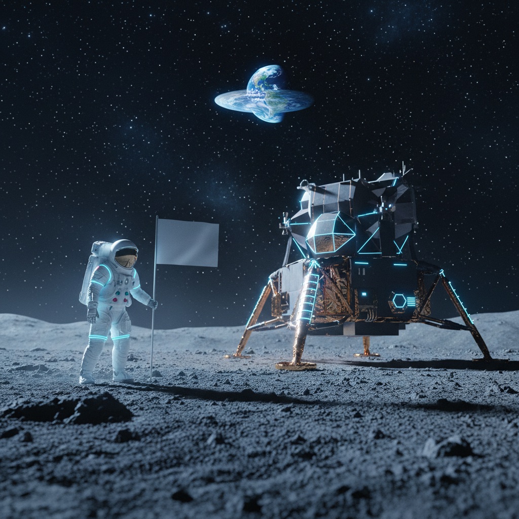 Astronaut on the Moon beside a lunar lander, Earth in the sky
